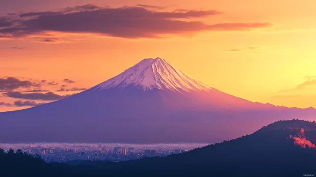 Tokyo Cityscape Wallpaper with Mount Fuji in the distance during sunset.