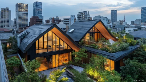 Tokyo Cityscape blends traditional rooftops with modern towers.
