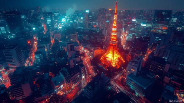 Tokyo at night, with the Tokyo Tower and neon lit streets full of energy.