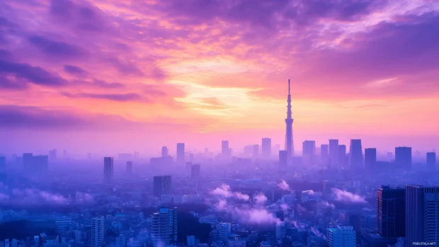Tokyo city view at dawn, featuring silhouetted skyscrapers and a gentle pastel colored sky.