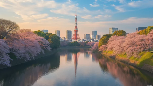 Tokyo city view in cherry blossom season, featuring iconic landmarks like Tokyo Tower and vibrant pink blossoms.