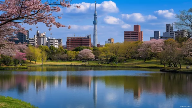 Tokyo city view with the Tokyo Skytree, modern buildings, and calm parks, set against a bright daytime sky.