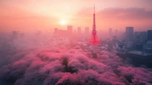Tokyo cityscape at cherry blossom time, showcasing Tokyo Tower and pink cherry blossoms.