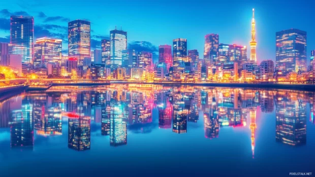 Tokyo cityscape with futuristic buildings, neon lights, and reflections in a river beneath a clear night sky.