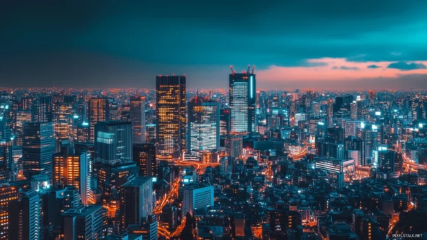 Tokyo cityscape with modern skyscrapers, neon lights, and a vibrant, high tech atmosphere.