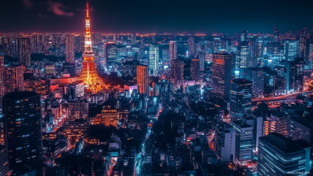 Tokyo skyline at night featuring the Tokyo Tower, vibrant neon signs, and lively streets.