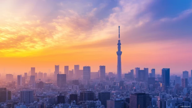 Tokyo skyline at twilight, featuring a silhouette of buildings set against a colorful sunset with both traditional and modern elements.
