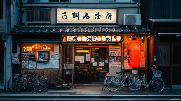 Tokyo street scene with sleek buildings and soft neon accents, creating a serene and minimalistic atmosphere.