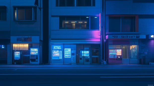 Tokyo street with a few modern buildings and light neon touches, presented in a simple, tranquil composition.
