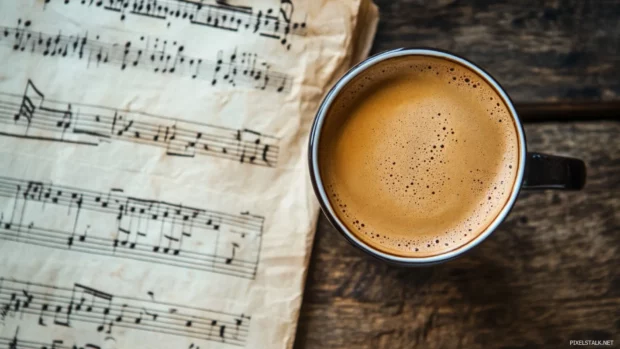 Top down shot of coffee beside lightly wrinkled sheet music.