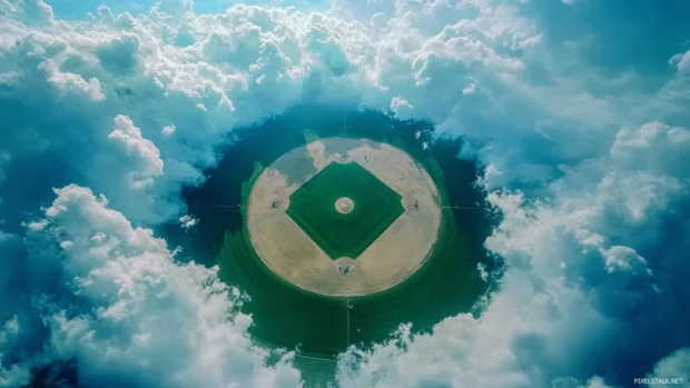 Top view of a baseball diamond under dramatic clouds.