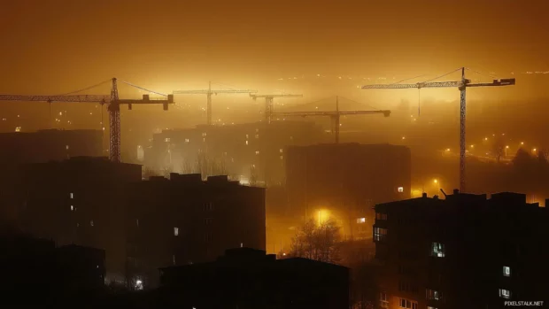Tower cranes linger in the high fog above the dark city blocks.