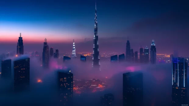 Towering architecture wrapped in haze for a moody night city wallpaper 4k.