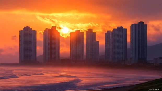 Towering buildings framed by a breathtaking sunrise.