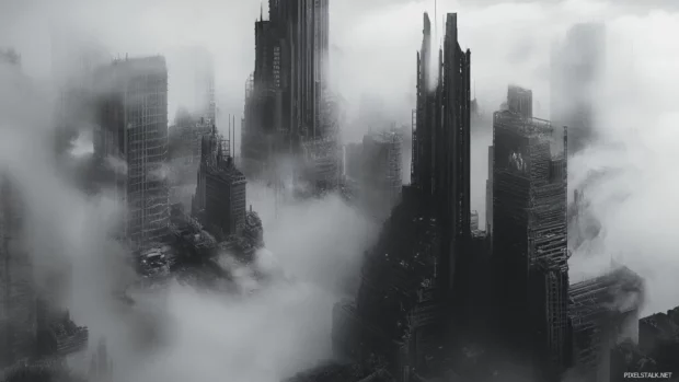 Towering structures dissolve into fog in a grayscale cityscape.