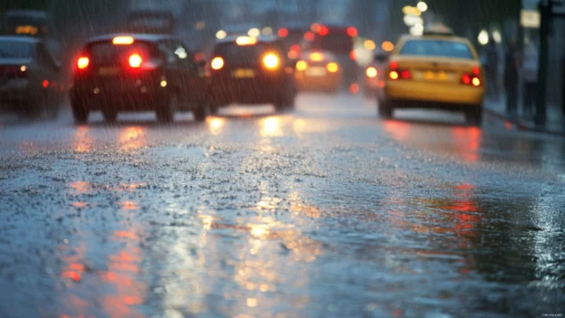 Traffic lights reflecting in wet streets, raining city wallpaper atmosphere.