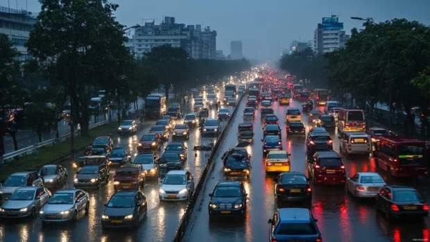 Traffic moving slowly under pouring rain in city.