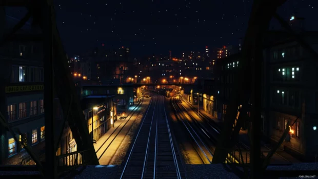 Train tracks weaving through the heart of the Nighttime City.