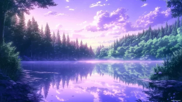 Tranquil Anime sky, light purple and blue hues stretch across sky, reflect in calm lake.