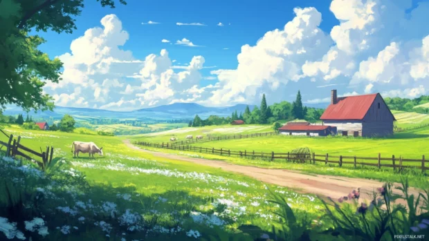 Tranquil farm captured as pastoral cow wallpaper.