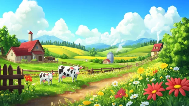 Tranquil farm setting designed as a high def cow scenery wallpaper.