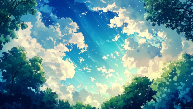 Tranquil forest under dynamic Anime sky, colorful swirling auroras, blue and green glow.
