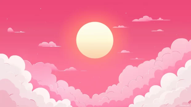 Tranquil pink sky, fluffy clouds drift, lit by soft setting sun.