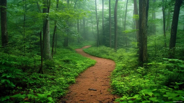 Tranquil woodland path illuminated by soft sunrise light, a scenic forest wallpaper.