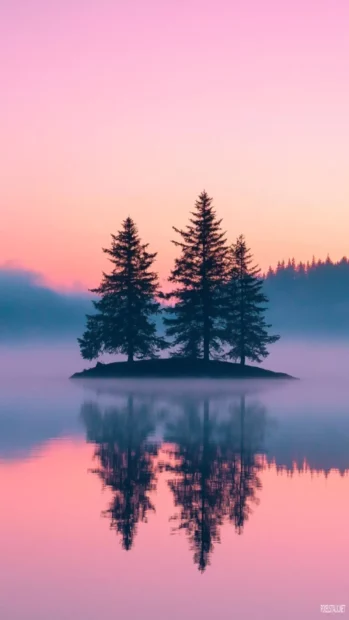 Tree silhouettes standing still in morning sunrise.