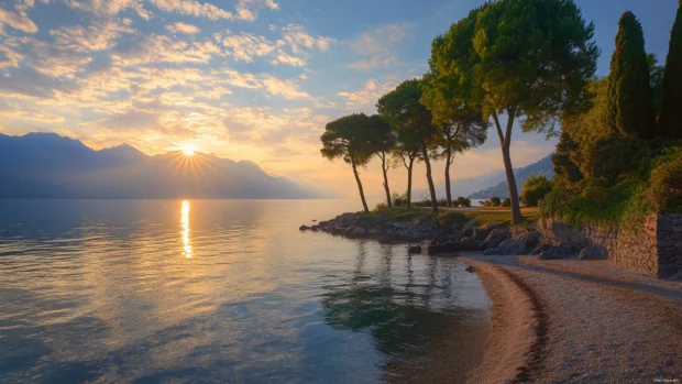 Trees line the shore of a peaceful lake under a rising sun.