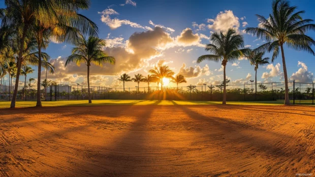 Tropical baseball field surrounded by palm trees, a warm sunset casting a golden glow over the field .