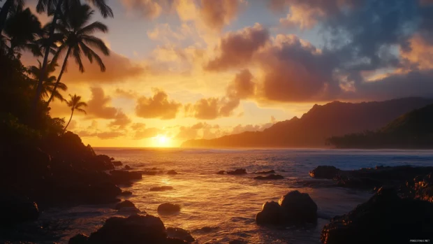 Tropical beach sunset with silhouetted palm trees.