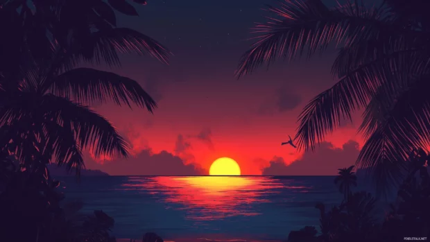 Tropical dusk sky over a calm ocean, showcasing deep oranges and pinks with palm tree silhouettes.