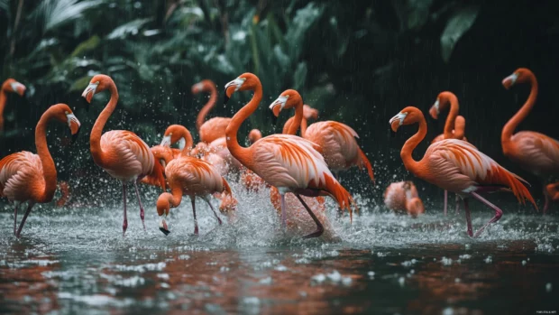 Tropical flamingo wallpaper capturing a vibrant flock in mid movement, splashing through the shallows.