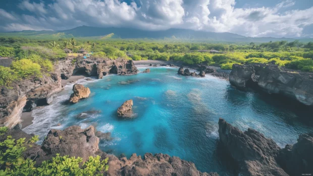 Turquoise waters in secluded cove with cliffs.