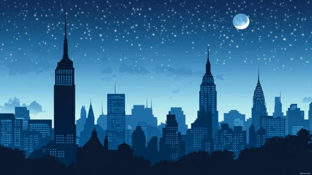 Twilight blue hour New York City Desktop Wallpaper with silhouettes of famous towers.