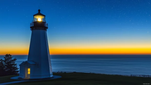Twilight lighthouse scene with stars emerging and soft ocean light.