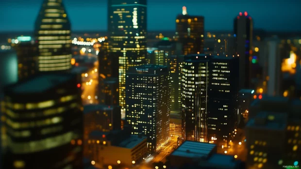 Twilight shot of Dallas skyline, focusing on the details of Dallas City Hall and the Sixth Floor Museum.