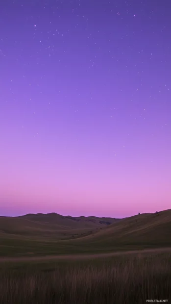 Twilight sky, pink to purple, few stars shine, night begins.