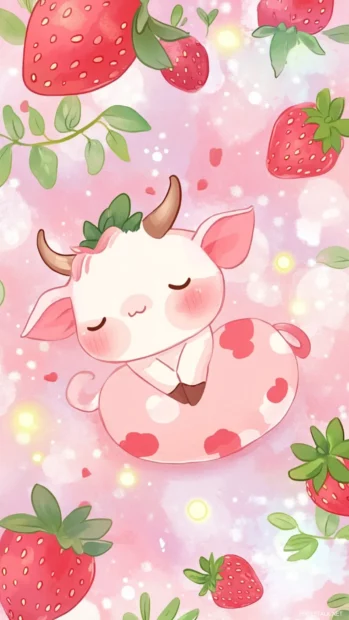 Twinkling background with a sleepy Strawberry Cow in this Kawaii Strawberry Cow wallpaper.