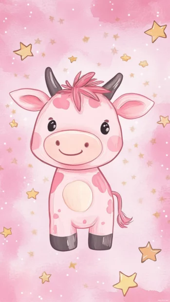 Twinkling stars and a chibi cow smiling in this Cartoon Pink Cow phone wallpaper.