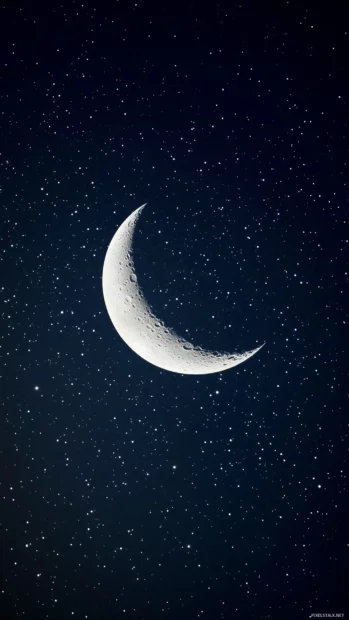 Twinkling stars serene night sky bright crescent moon deep indigo backdrop.