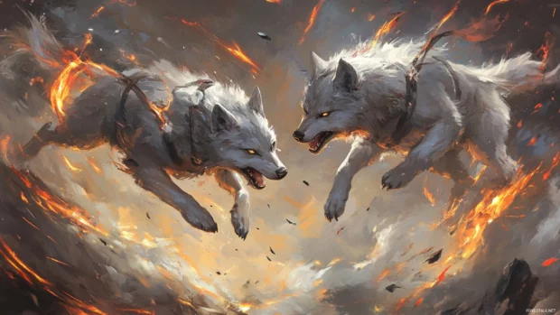 Two anime wolves clashing in mid air with magical energy trails behind them.