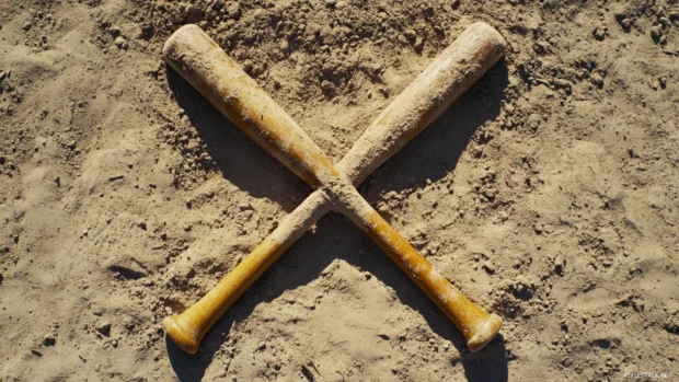 Two baseball bats crossed in an X shape on home plate.
