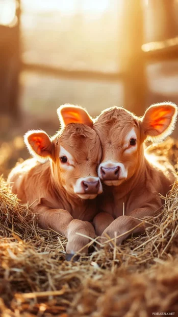 Two calves cuddling in haystack under warm sunlight.