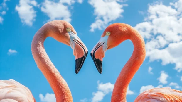 Two flamingos touching beaks, forming a heart shape with their necks against a dreamy tropical sky.
