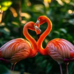 Two flamingos touching beaks under early morning light, ideal for a romantic flamingo HD wallpaper.