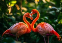 Two flamingos touching beaks under early morning light, ideal for a romantic flamingo HD wallpaper.