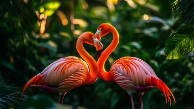 Two flamingos touching beaks under early morning light, ideal for a romantic flamingo HD wallpaper.
