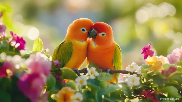 Two parrots snuggling on a vine surrounded by tropical blooms, great for a parrot bird background.